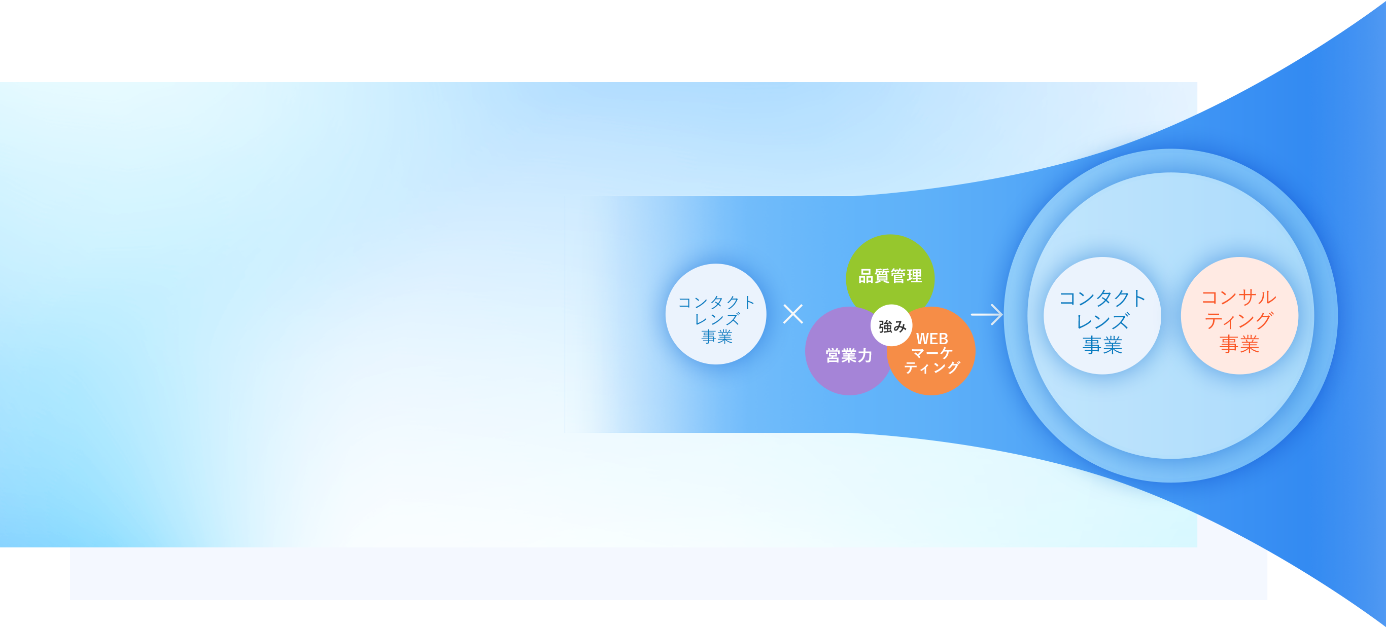 コンタクトレンズ事業×強み：品質管理・営業力・WEBマーケティング→コンタクトレンズ事業 コンサルティング事業