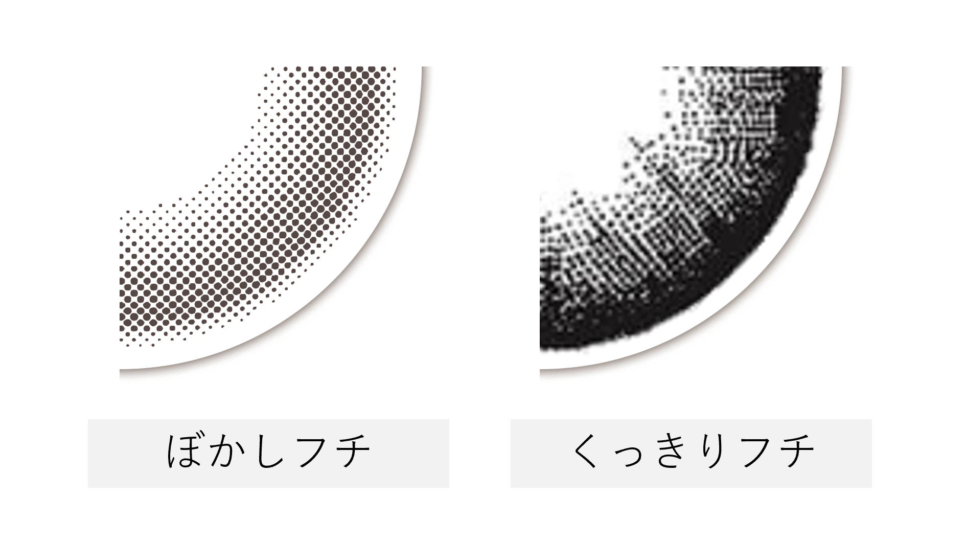 ぼかしフチのカラコンとくっきりフチのカラコンのデザイン比較画像
