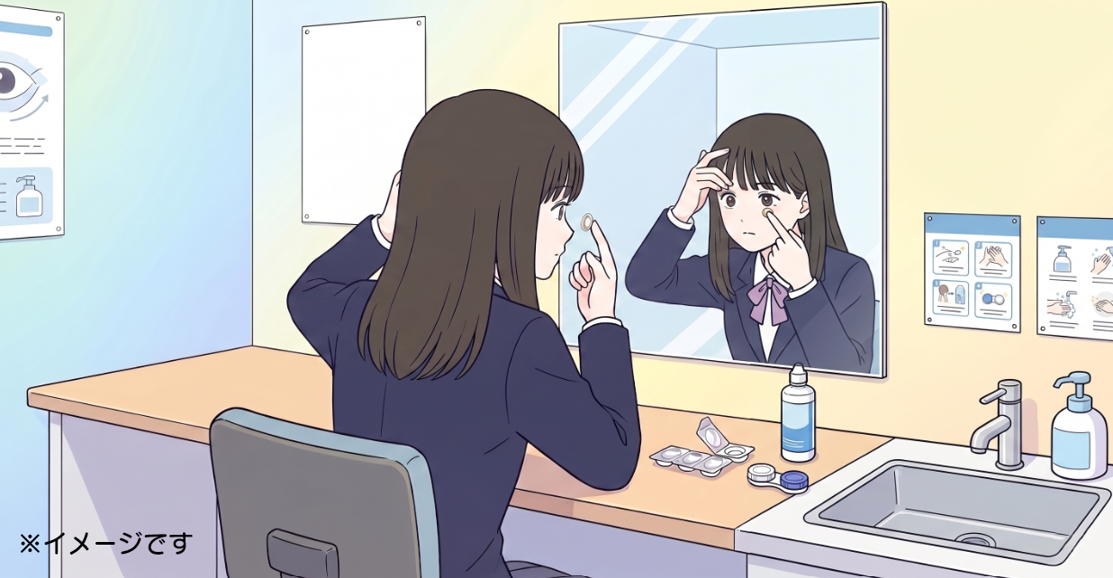カラーコンタクトレンズの装用練習をしている図