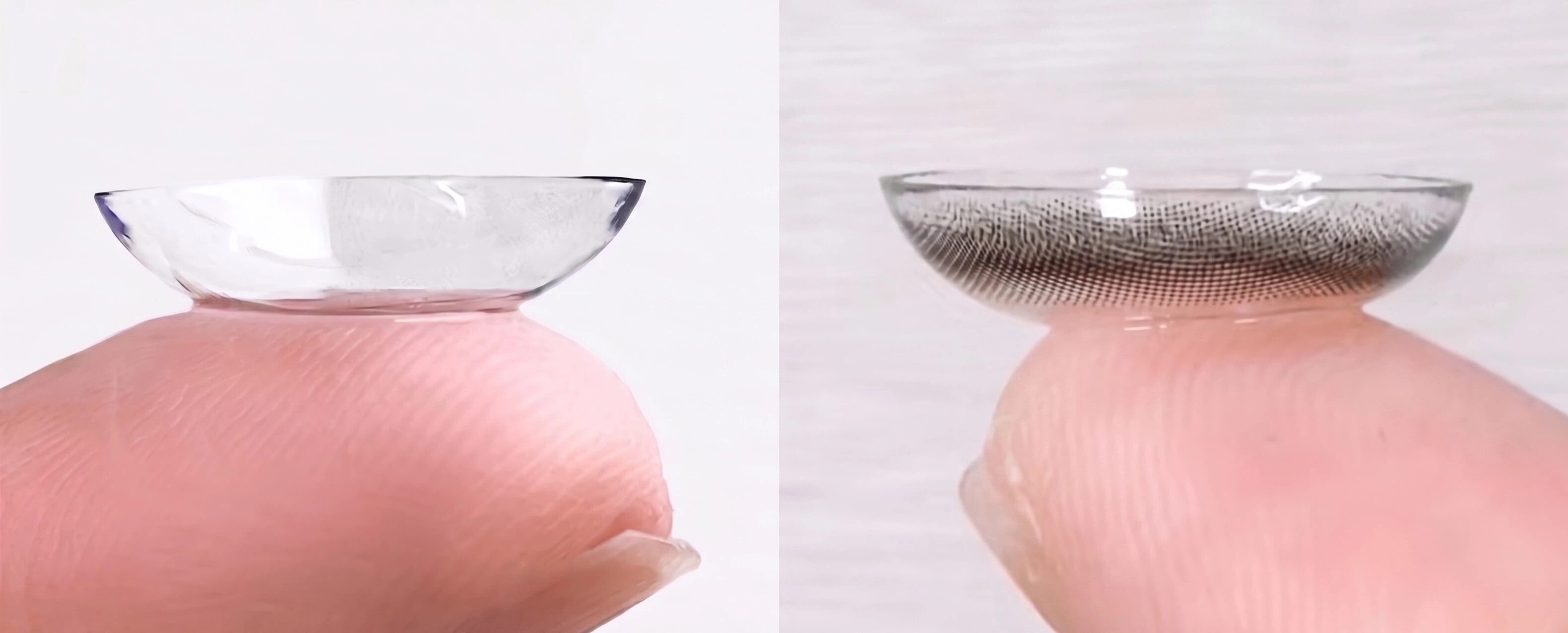 指に乗せた状態のクリアコンタクトレンズとカラーコンタクトレンズの比較画像